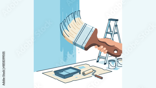 Home renovation. Large paintbrush painting wall blue. Hand holding brush. DIY project. House improvement. Interior decorating. Flat vector illustration. Remodeling. Maintenance.