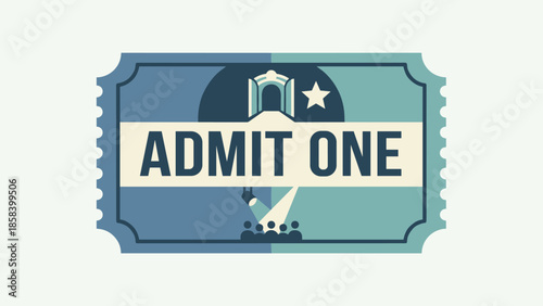 Admit one ticket. Retro vintage cinema ticket coupon. Event access pass concept. Movie theater entertainment. Show entrance voucher. Flat vector illustration. Performance. Spotlight.