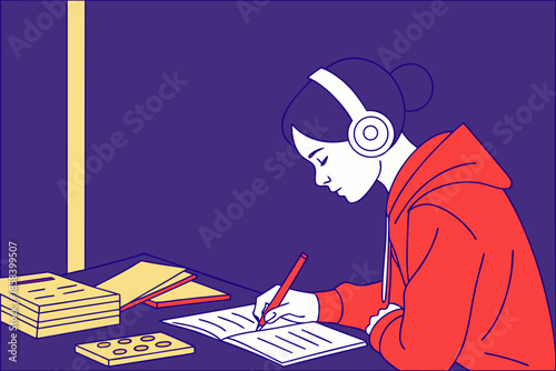 Student Studying with Headphones at Desk Flat Education Vector Illustration