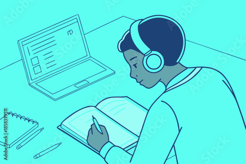 Student Studying with Headphones Flat Digital Education Vector Illustration