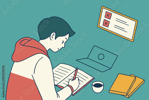 Student Taking Notes with Laptop Flat Education Vector Illustration