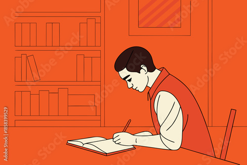 Student Writing Notes at Desk Flat Education Vector Illustration