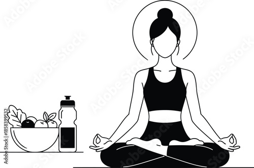 Woman sitting in lotus pose practicing yoga with healthy food bowl and water bottle minimalist black and white line art vector.
