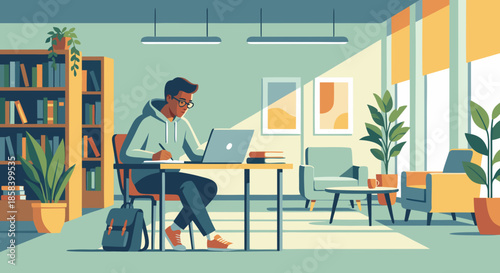 Student Studying in Bright Modern Library Flat Vector Illustration