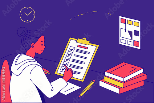 Student Preparing for Exam with Checklist and Books Flat Vector Illustration