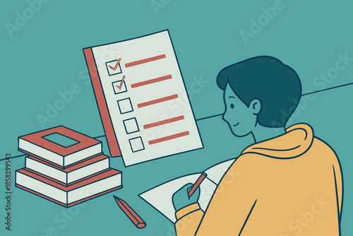 Student Reviewing Study Checklist Flat Education Vector Illustration