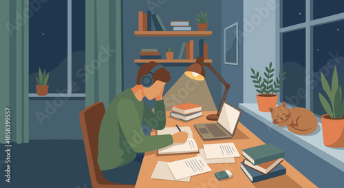 Student Studying Late at Night with Books Flat Vector Illustration