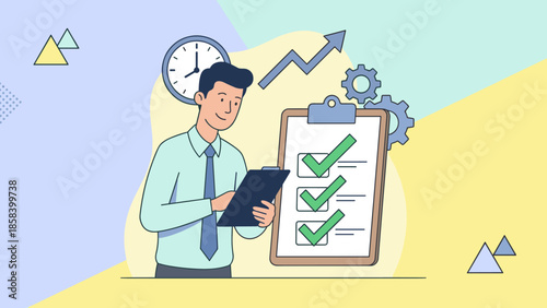 Businessman checking clipboard checklist. Completed tasks time management concept. Productivity efficiency vector. Goal achievement successful workflow. Business planning strategy.