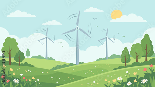 Renewable energy wind turbines on green hills. Sustainable power generation. Eco friendly electricity. Clean nature environment blue sky. Flat vector illustration design graphic art.