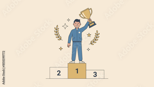 Successful winner holding gold trophy cup on podium. Victory and achievement concept. First place award. Business leadership goal. Champion celebration. Best performance. Flat vector