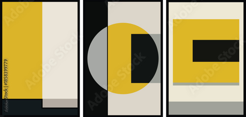 A clean, mid-century modern aesthetic using a palette of mustard yellow, charcoal black, grey, and beige.