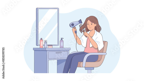 Woman blow drying hair. Hair styling beauty concept. Morning routine. Female character with hairdryer brush. Self care. Vanity mirror. Flat vector. Salon. Cosmetics. Lifestyle.