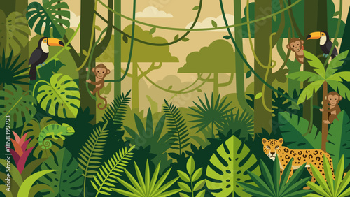 Dense jungle forest landscape background. Tropical rainforest vector with exotic plants wild animals. Safari nature scene. Leopard toucan monkey chameleon. Green wilderness vines.