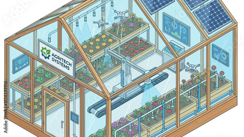 Isometric smart greenhouse interior. Automated watering system. Agritech farming. Digital agriculture technology. Future horticulture. Sustainable food industry. Eco glasshouse vector.