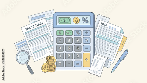 Accounting tax preparation concept. Large calculator with financial documents. 1040 return form. Auditing money coins stack. Bookkeeping business finance. Budget planning strategy.