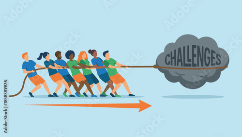 Teamwork concept. Business people pulling rope tug of war against challenges rock. Overcoming obstacles. Group cooperation solving problem. Strength unity effort. Success motivation.