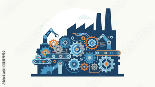 Industrial automation factory concept. Stylized gear system inside building silhouette. Manufacturing machinery. Engineering mechanics. Robotic production line. Smart industry vector.