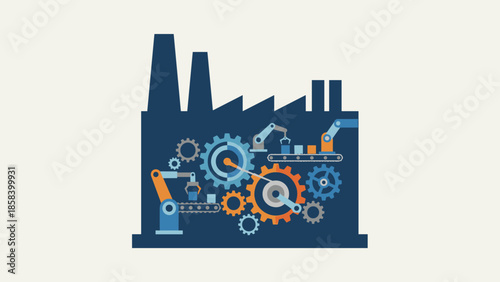 Industrial automation concept. Stylized gear system inside factory silhouette. Manufacturing production line. Engineering machinery mechanism. Heavy industry business. Flat vector.