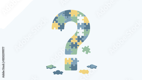 Question mark made of jigsaw puzzle pieces. Problem solving concept. Business strategy, solution. Symbol of confusion, FAQ. Missing part. Challenge. Flat vector illustration design