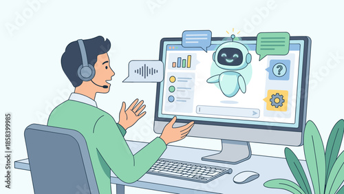 Customer service agent talking to AI chatbot on screen. Man interacting with virtual assistant. Artificial intelligence support. Smart bot automation. Tech help desk concept.