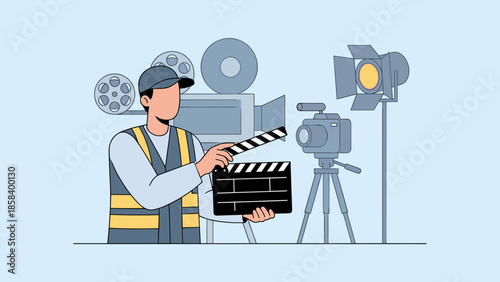 Film director holding clapperboard on studio set. Professional camera and spotlight. Movie production crew. Cinema industry behind scenes. Videography concept. Flat vector illustration.