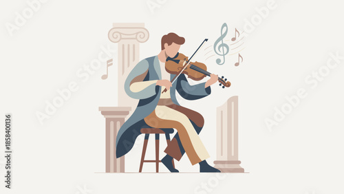 Violinist playing classical music. Male musician sitting near columns. Flat vector illustration. Symphony orchestra concept. Artistic melody. Cultural entertainment. String instrument.