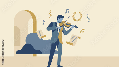 Male violinist playing classical music instrument. Professional musician character. Symphony orchestra concert concept. Artistic flat vector illustration. Culture arts melody tune.
