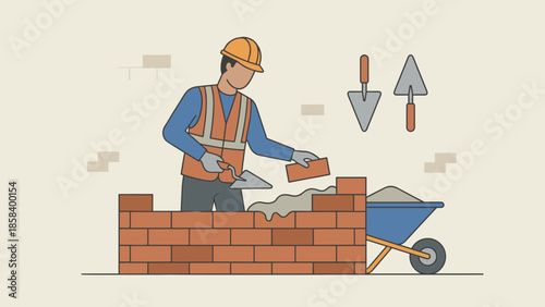 Bricklayer building brick wall with trowel. Construction masonry concept. Builder in helmet. Industrial renovation. Worker laying bricks. Cement mortar job. Flat vector illustration.