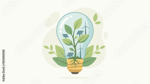 Eco innovation concept. Lightbulb with plant. Green energy ideas. Renewable resources. Sustainable development. Solar panels wind turbines. Environmental protection. Ecology symbol.