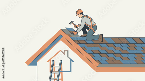 Professional roofer installing shingles on house roof. Construction worker repairing home with hammer. Building renovation. Builder service. Residential architecture. Flat vector.