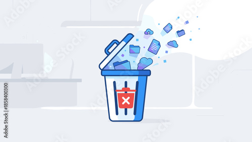 Digital trash can vector. Data deletion concept. Cleaning files. Delete icon. Folders and cloud. Recycle bin. Computer garbage. Remove info. Tech waste. Flat illustration. Cyber cleanup