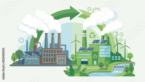 Factory emitting clean white steam instead of black smoke. Industrial transformation. Green energy sustainability. Eco friendly manufacturing. Zero emissions. Renewable resources.