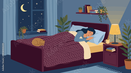 Cozy bedroom interior night. Sleeping woman and cat. Peaceful girl resting in bed. Nighttime scene moon stars. Flat vector illustration. Relaxation sleep comfort concept. Serene home