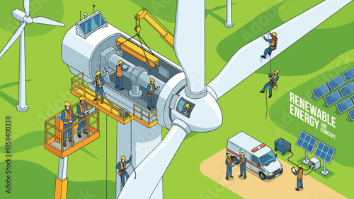 Isometric wind turbine maintenance team repairing generator. Renewable energy workers service green power station. Industrial engineer job concept. Sustainable electricity vector.