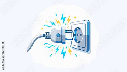 Electric plug connecting to wall socket with sparks. Energy power concept. Flat vector illustration. Electricity supply technology. Voltage shock. Charging. Cable cord into outlet.