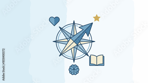 Moral compass concept. Direction guidance metaphor. Navigation rose with heart brain book star. Ethical decision making. Life path choice. Logic vs emotion. Integrity values. True north.
