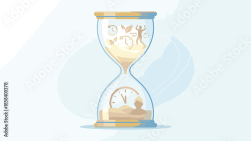 Hourglass with sand flowing upwards. Time reversal concept. Anti-aging and rejuvenation metaphor. Turning back clock. Youth vitality and restoring health. Flat vector illustration.
