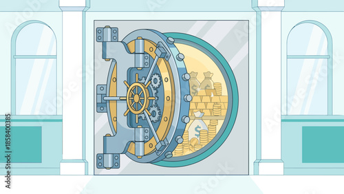 Open bank vault door revealing gold bars and money bags. Financial security concept. Safe deposit box. Banking vector illustration. Wealth protection. Investment savings. Secure storage.