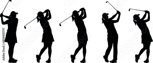 Silhouette set of professional female golfers performing a full swing follow-through sequence isolated on white background for sports vector design