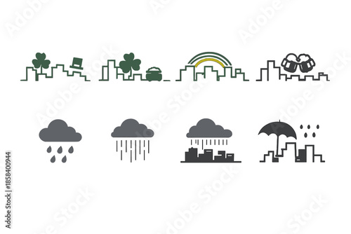 Weather and nature icons set. containing cloud, rain, rainbow, umbrella, cityscape, foliage, clover and more.