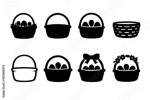 Easter basket icon set. containing basket, eggs, ribbon, decoration, handle, nest, floral, empty, and more.