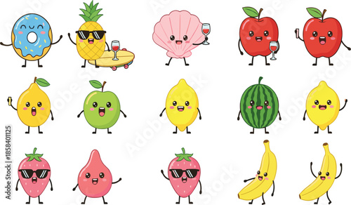 Cute Kawaii Fruit and Food Character Set with Happy Expressions for Summer Design.