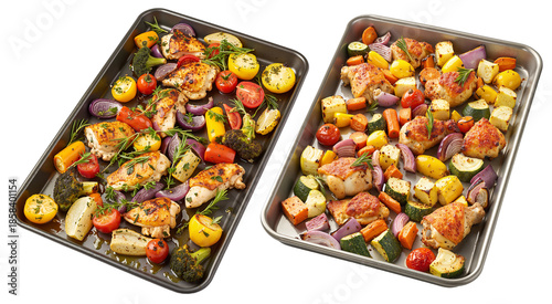 Roasted Chicken and Vegetables – Cherry Tomatoes, Squash, Broccoli, and Zucchini on Baking Trays for Healthy Meal Blogs and Recipe Content