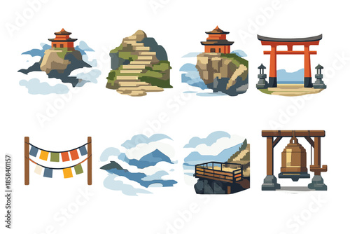 Zen and tranquility icon set. containing temple, mountains, torii, prayer flags, clouds, pagoda, bell, steps and more.