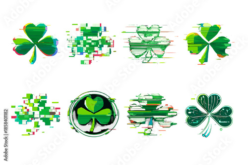 Glitch and noise clover icons set. containing shamrock, pixelated, abstract, digital, distorted, vibrant, green, clover, glitch, noise.