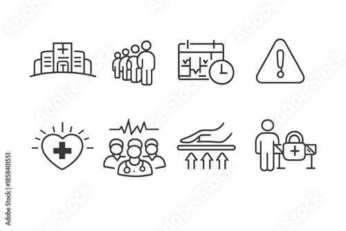 Healthcare and medical icons set. containing hospital, patients, appointment, warning, emergency, team, recovery, security, and more.