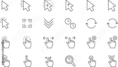 Outline Vector Icon Set Representing Digital Interface Interactions Touch Gestures Mouse Cursors Navigation Actions and Professional User Experience Design