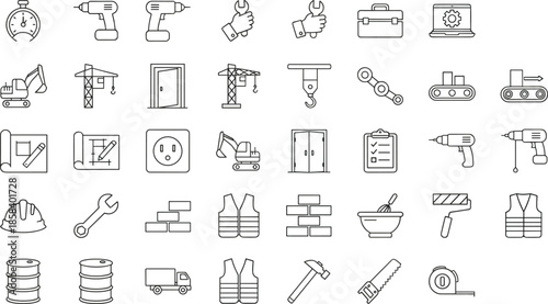 Outline Vector Icon Set Representing Construction Industrial Engineering Workplace Safety Building Infrastructure Professional Tools and Heavy Machinery Equipment Concepts