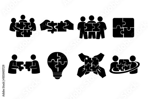 Collaboration and teamwork icon set. containing puzzle, partnership, cooperation, unity, brainstorming, synergy, group.