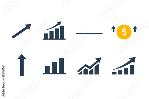 Financial and growth icons set. containing arrow, bar chart, line chart, growth, currency, upward, graph and more.